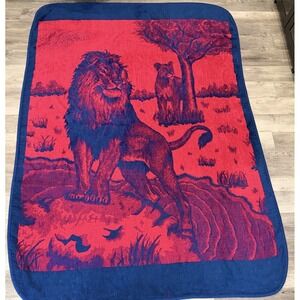 Vtg San Marcos Lion Lioness Reversible Blanket 96x72 Red Blue Safari Rare Design